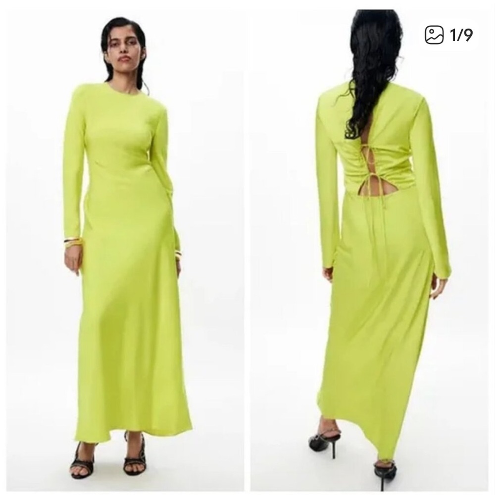 Zara Lime Satin Long Sleeve Dress